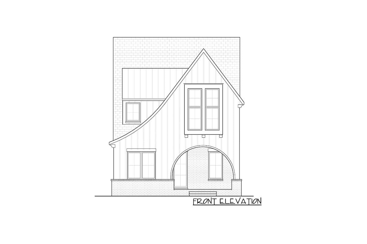 Front elevation house plan with brick base, arched entryway, and varied window styles.