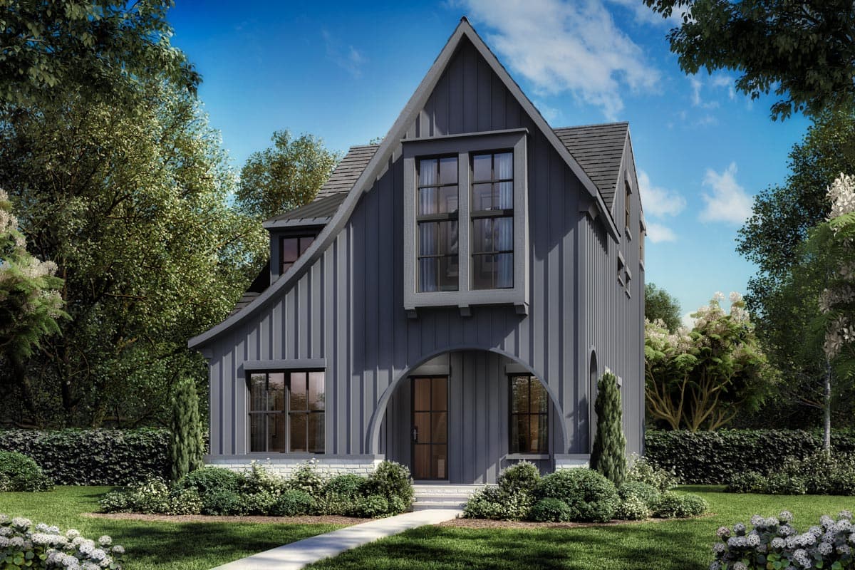 House plan exterior of a two-story modern home with vertical siding, prominent gables, a curved arched entry, and large multi-pane windows.