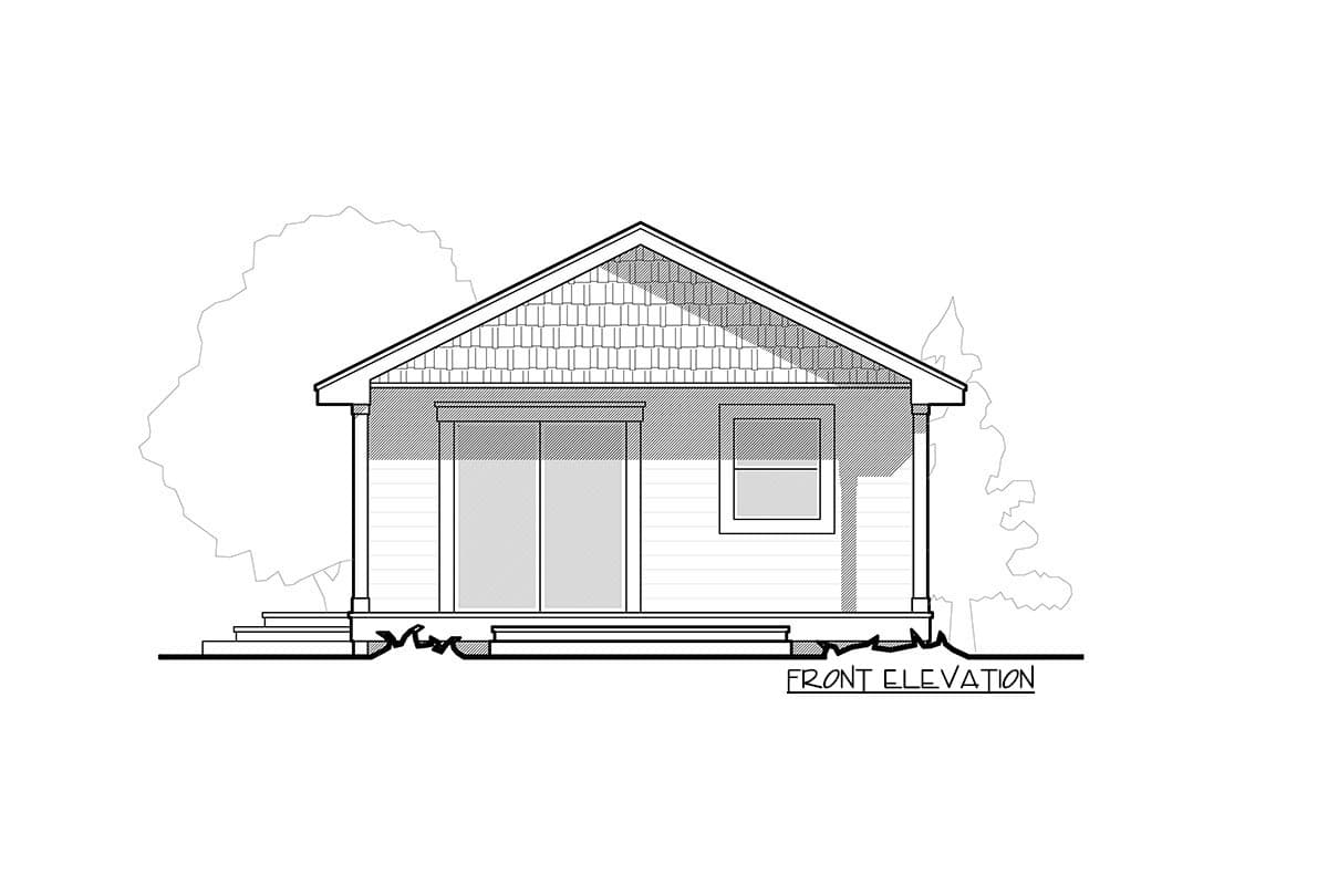 Front elevation drawing of a single-story house with a gabled roof, shake siding in the gable, and double doors.