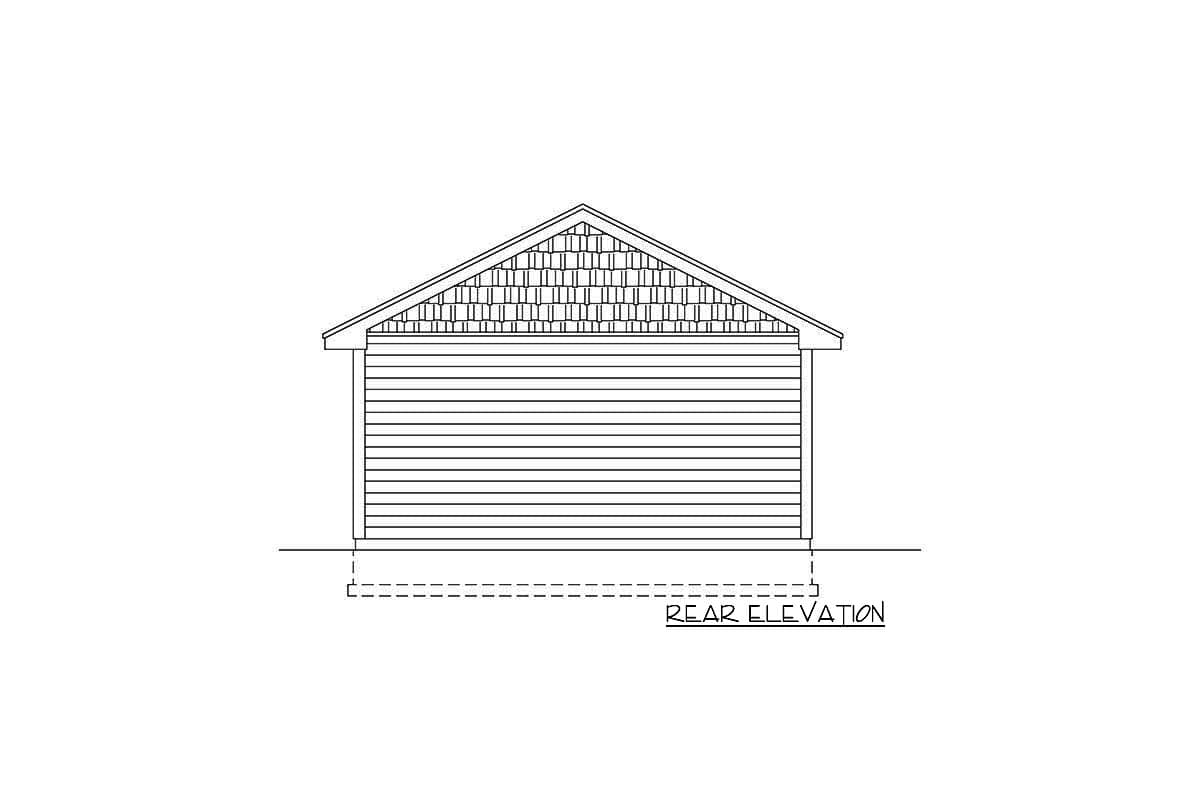 Rear elevation drawing of a house with horizontal siding and decorative shingle detail in the gable.