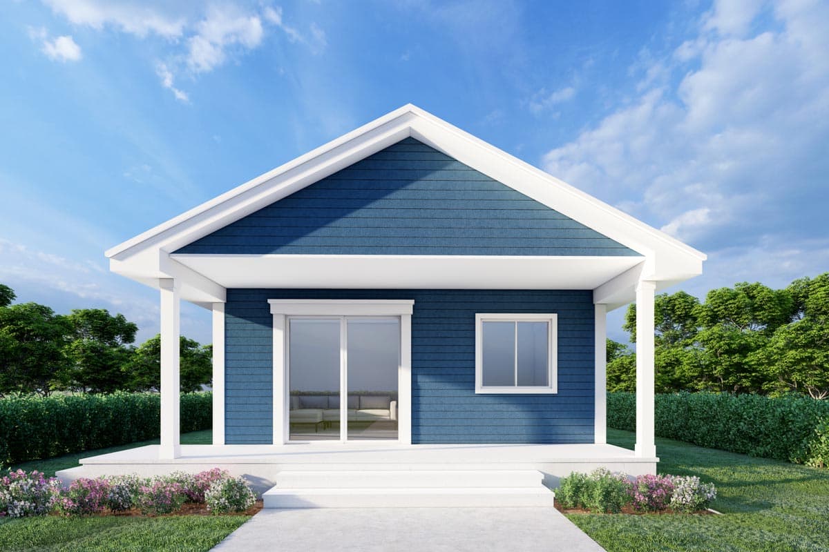 House plan exterior. One-story house with gabled roof, front porch supported by columns, and sliding glass door. Blue siding.