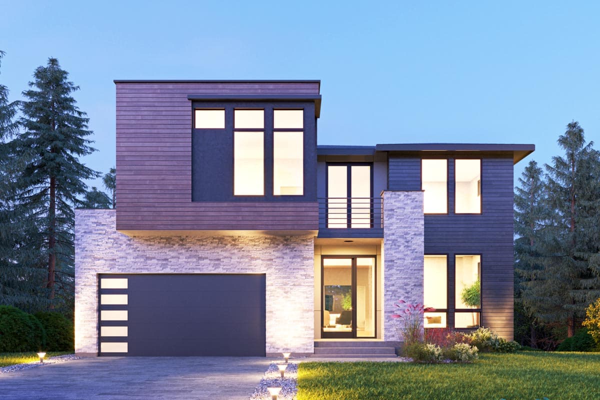 Modern house plan exterior with two stories. Features include a stacked stone accent, wood siding, and a garage with a modern design.