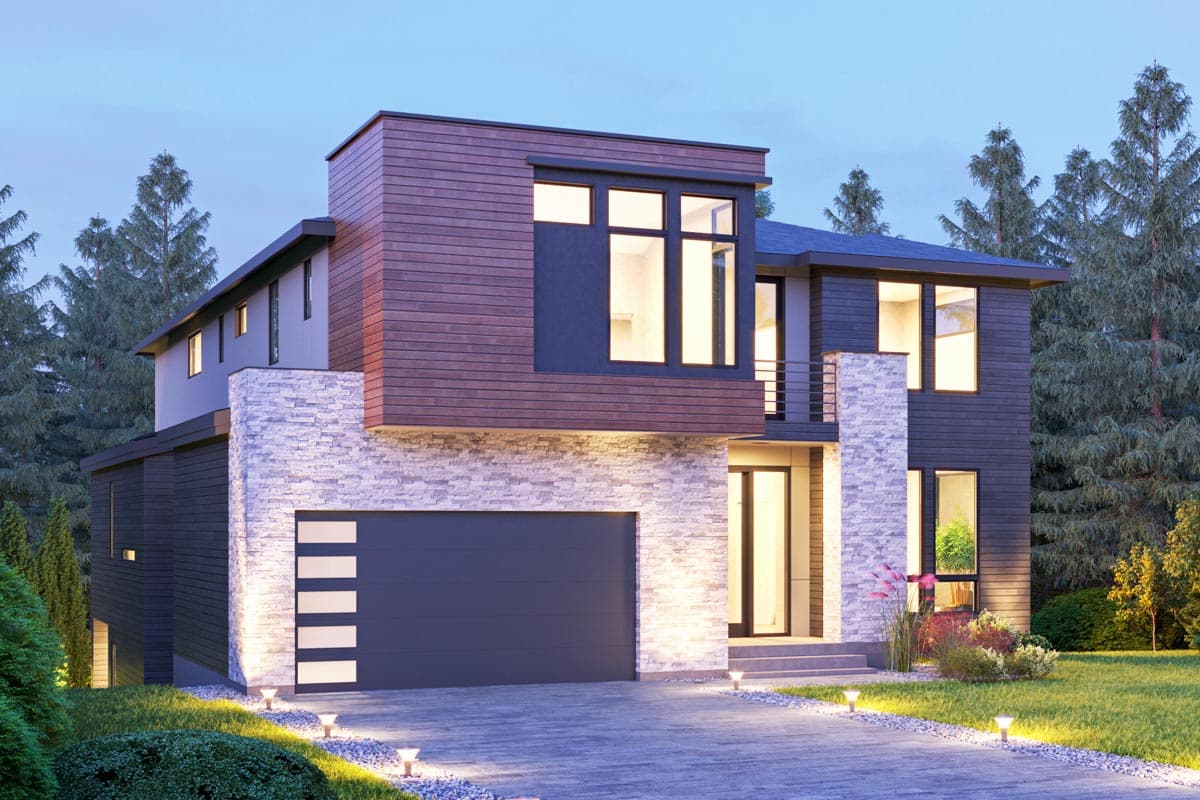 Modern two-story house plan exterior with wood siding, stone accents, large windows, balcony, and attached garage.
