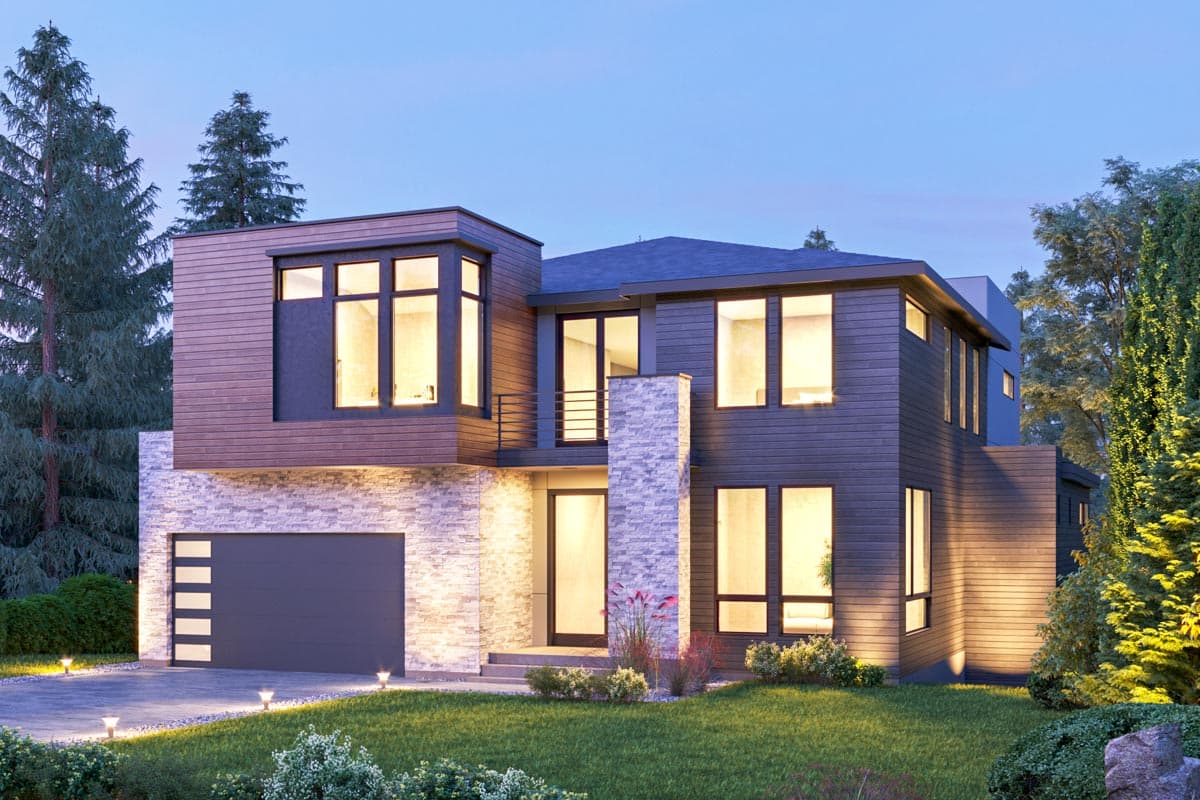 Modern two-story house plan exterior with wood siding, stone accents, a prominent cantilever, and a horizontal garage door.