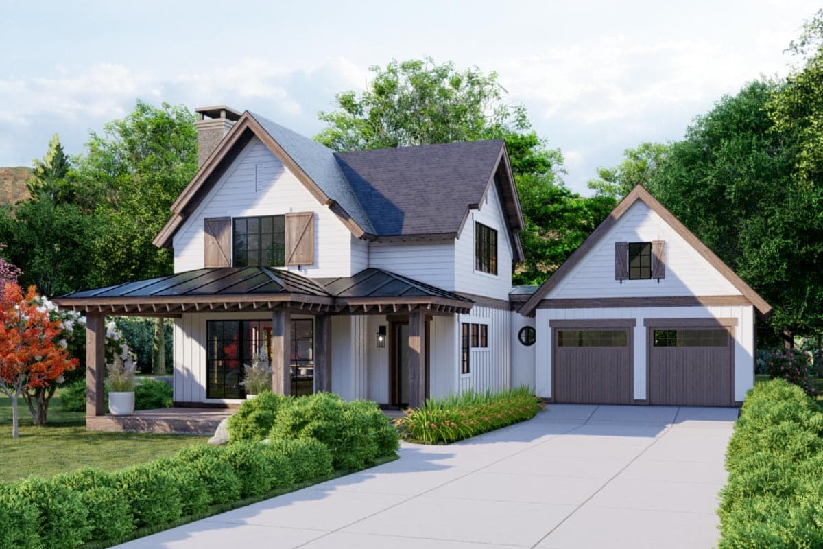 House plan exterior. Two-story Modern Farmhouse with a gabled roof, covered porch, and attached garage with gabled roof.