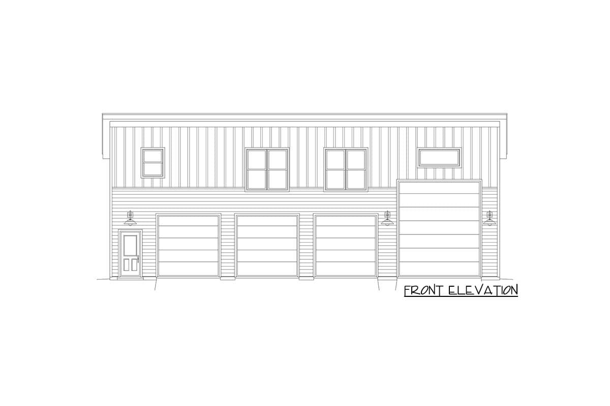 Front elevation drawing of a house plan featuring four garage doors, a single entry door, and upper-level windows.