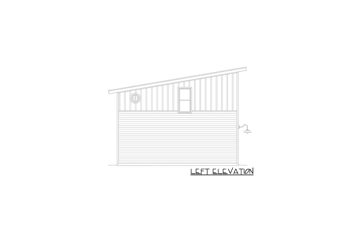 Left elevation drawing of a house with horizontal siding, vertical siding, a shed roof, a round window, and a rectangular window.