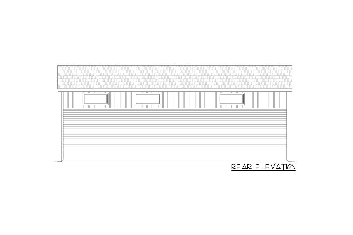 Rear elevation drawing of a house with horizontal siding, vertical trim, a shingled roof, and three small rectangular windows.
