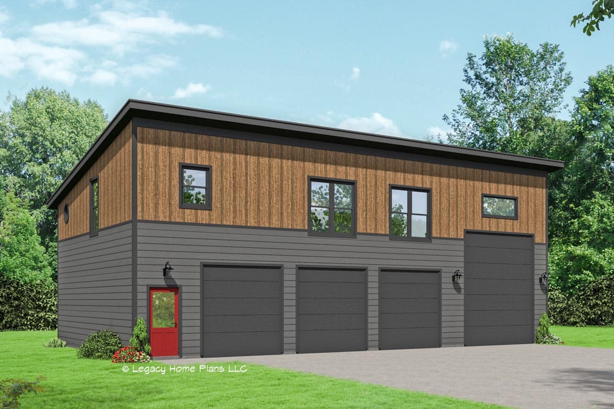House plan exterior with two stories, flat roof, and three-bay garage. Features wood siding on the upper level and large rectangular windows.