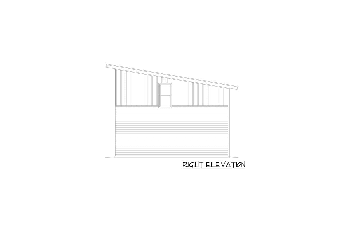 Right elevation drawing showing horizontal siding below vertical siding with a single window under a shed roof.