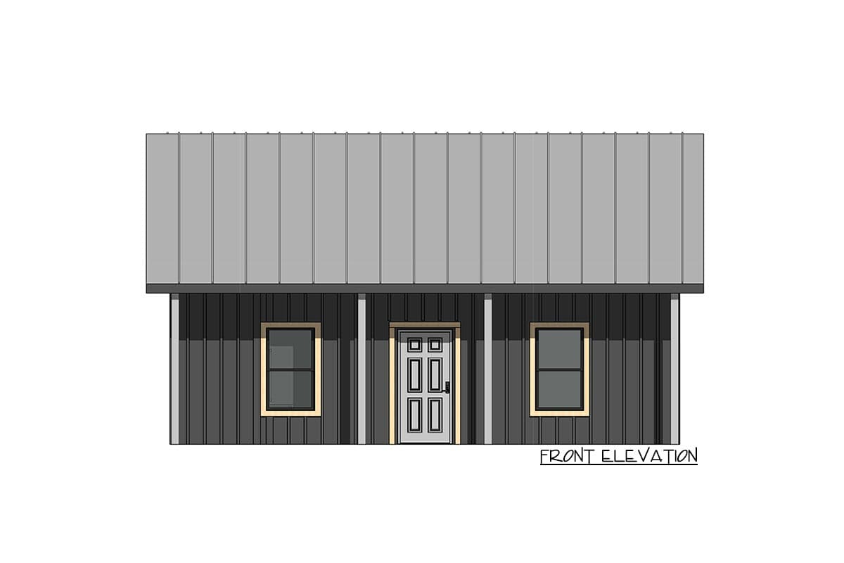 Front elevation drawing of a house plan with vertical siding, a metal roof, a central door, and two windows.