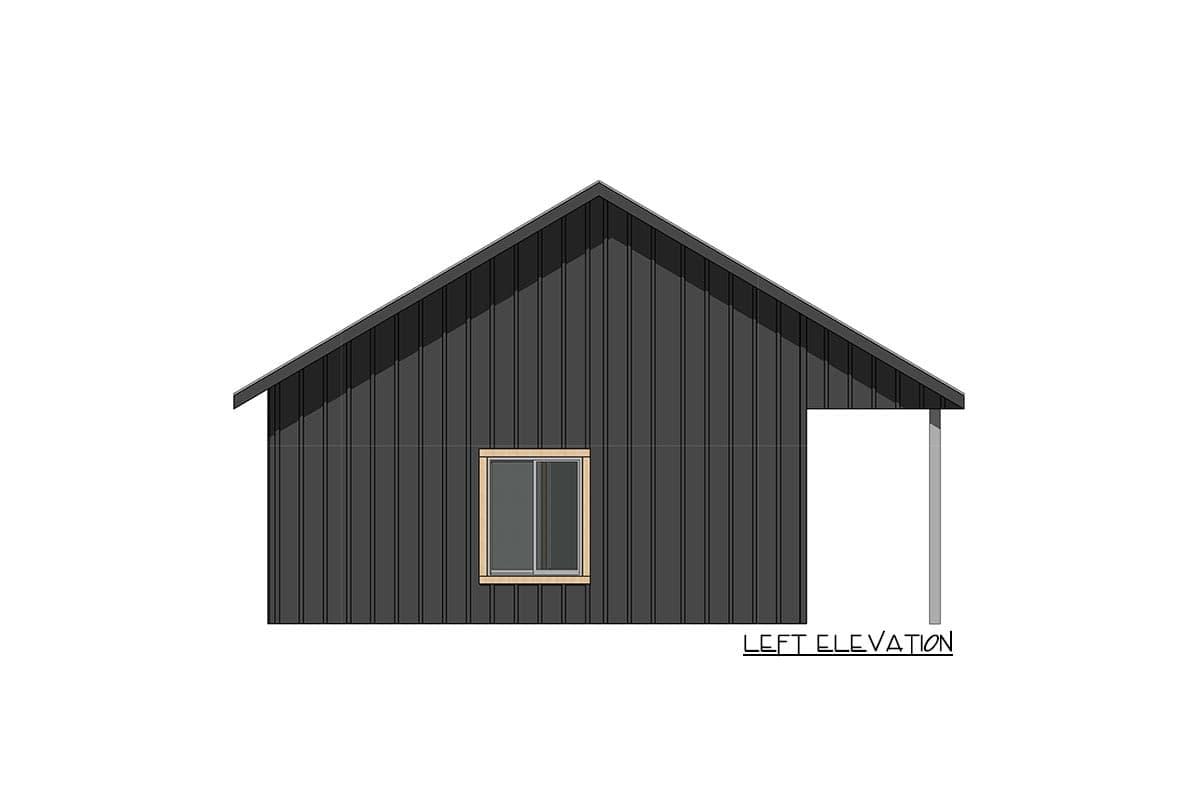 Left elevation of a house plan with vertical siding, a gable roof, one window, and an open porch support.