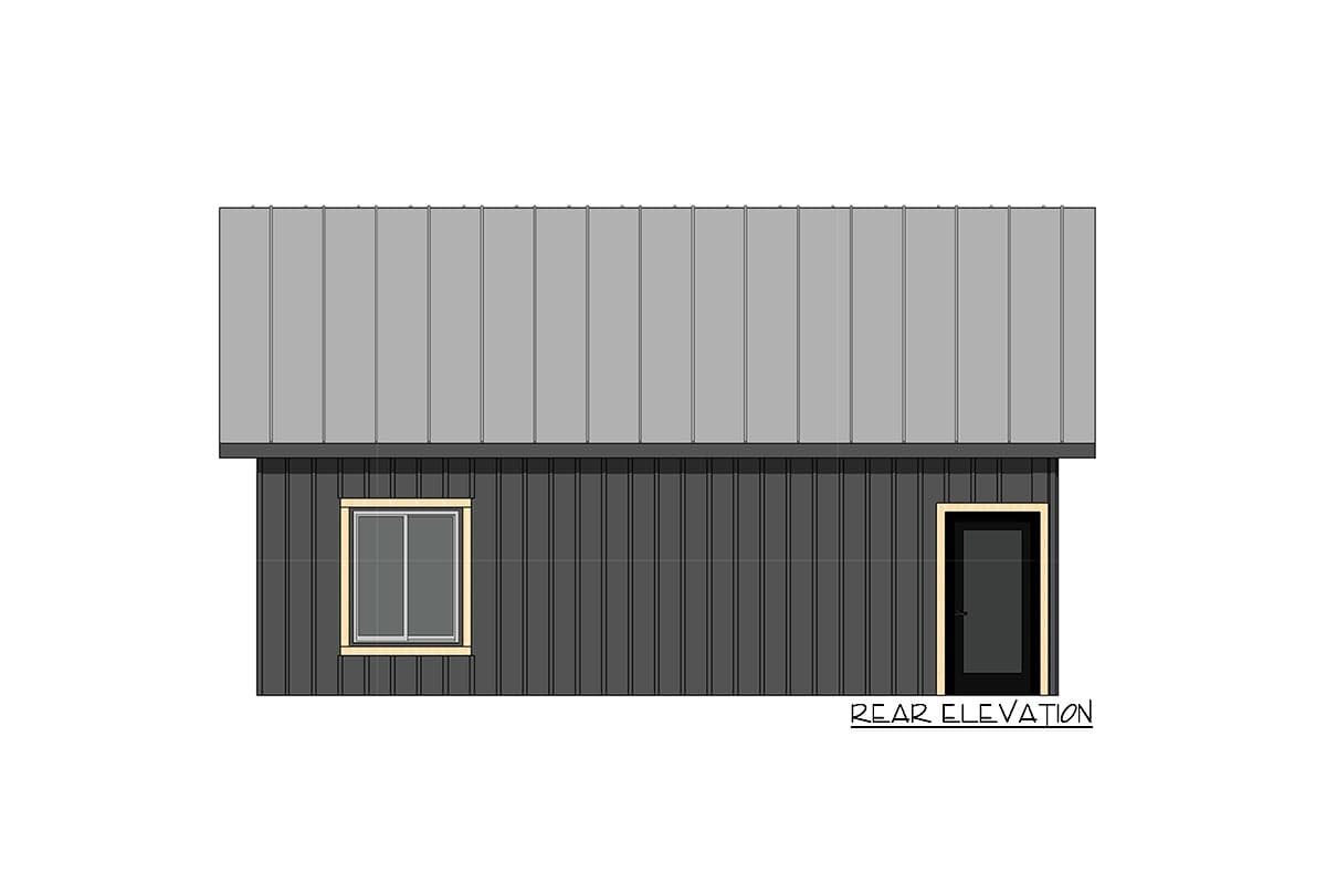 Rear elevation house plan with vertical siding, a window, and a single door.