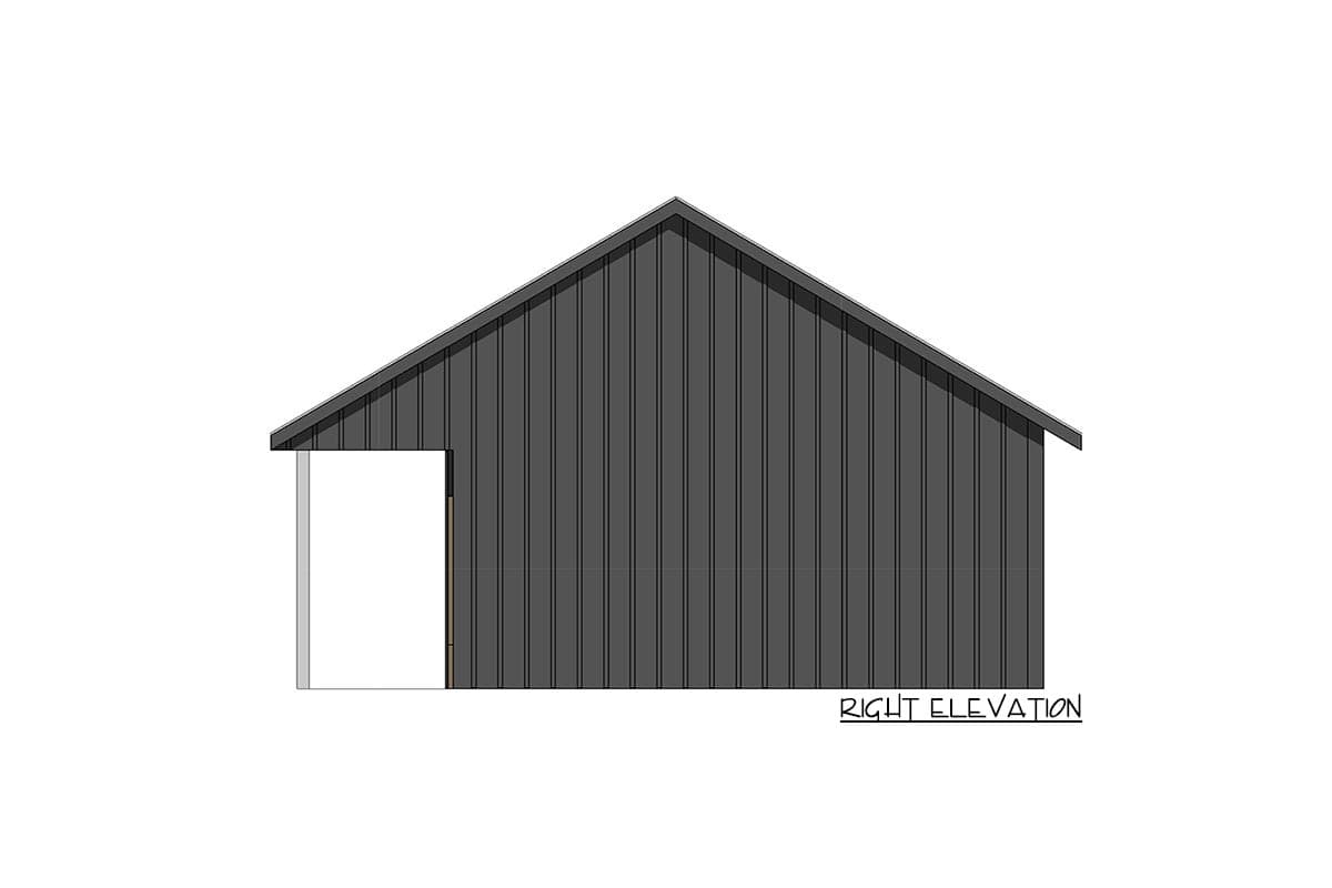 Right elevation drawing of a house with vertical siding and a gable roofline, showing one open side.