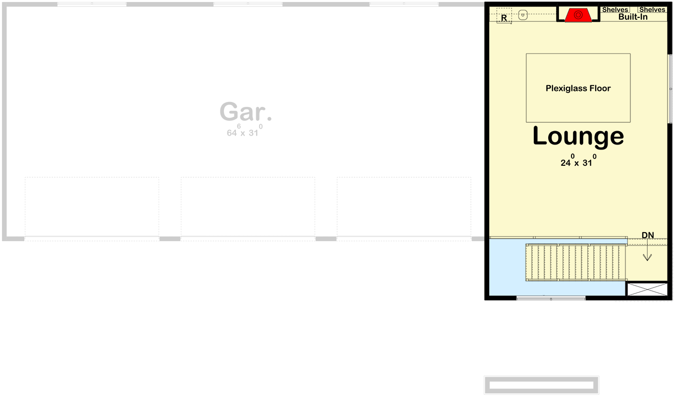 Plan 623213DJ: 7-Car Modern Garage with Shop and Lounge with Plexiglass Viewing Floor  - Floor Plan - 2nd Floor - Contemporary, Mid Century Modern, Modern