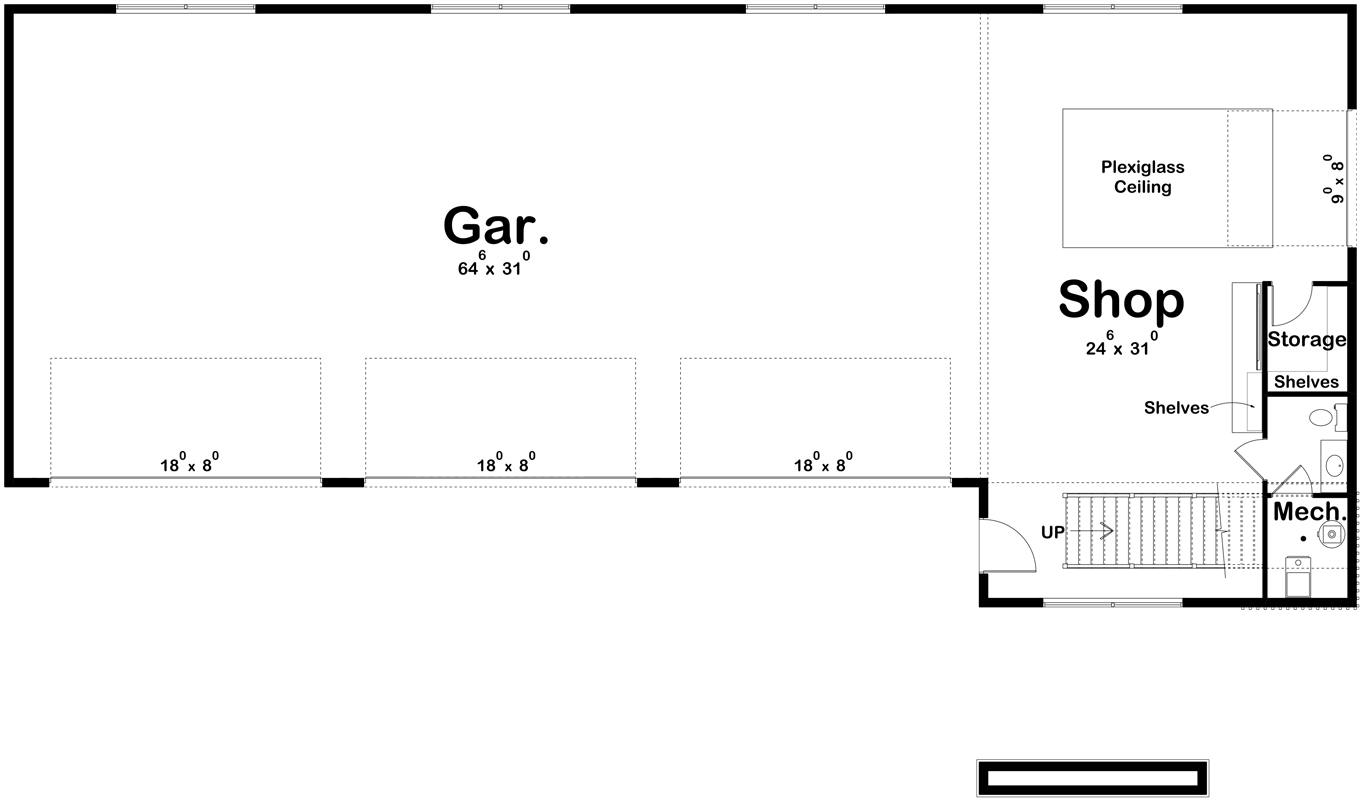 Plan 623213DJ: 7-Car Modern Garage with Shop and Lounge with Plexiglass Viewing Floor  - Floor Plan - Main Level - Contemporary, Mid Century Modern, Modern