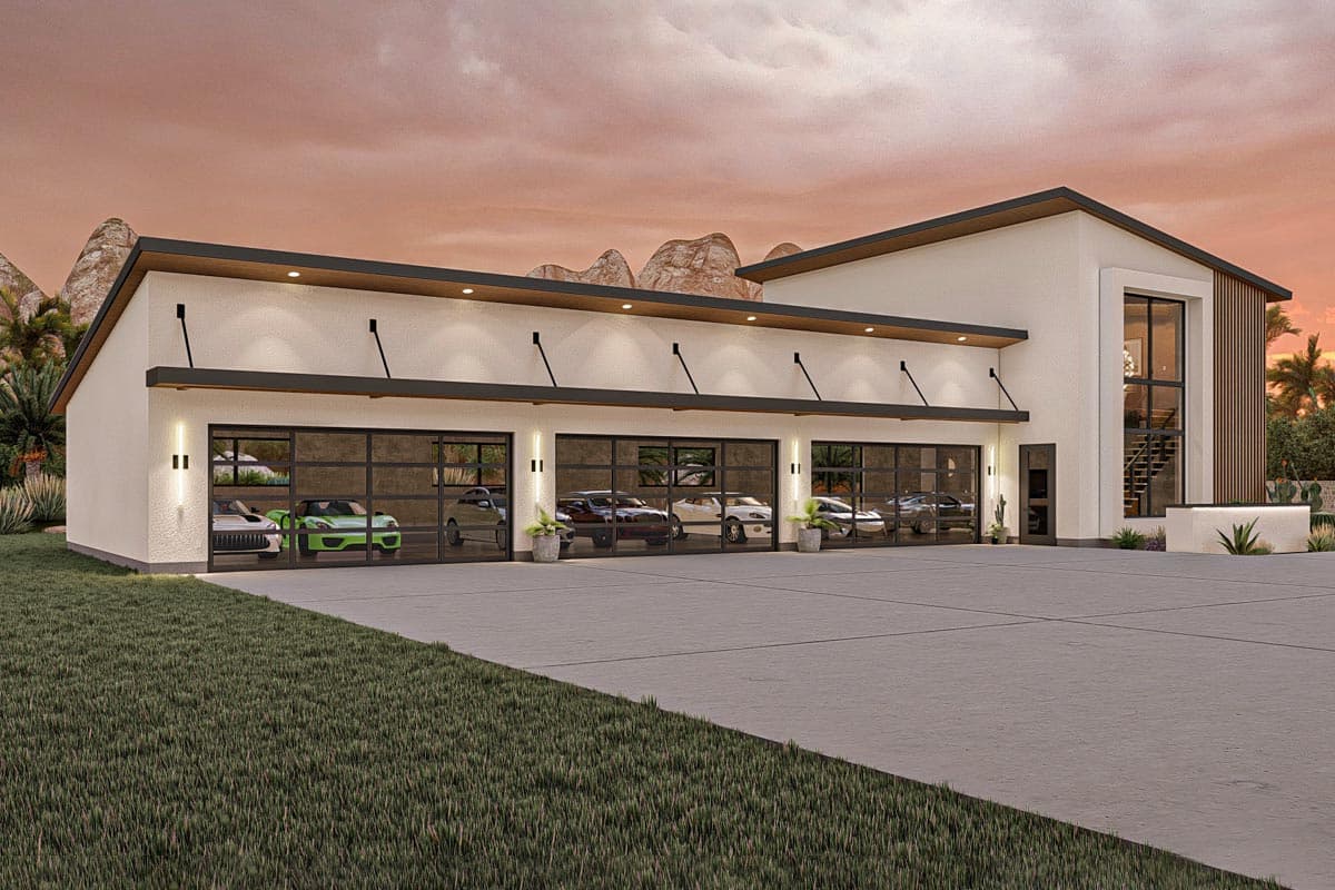 Plan 623213DJ: 7-Car Modern Garage with Shop and Lounge with Plexiglass Viewing Floor  - Image #6 - Contemporary, Mid Century Modern, Modern