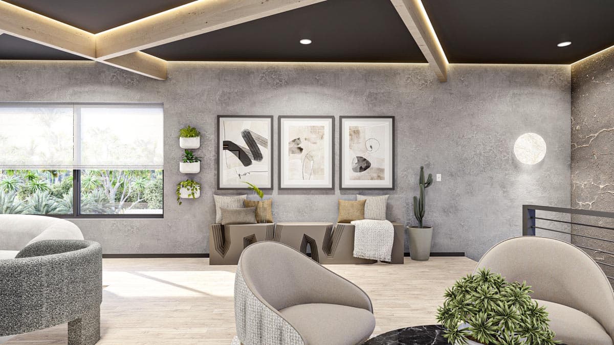 Plan 623213DJ: 7-Car Modern Garage with Shop and Lounge with Plexiglass Viewing Floor  - Image #10 - Contemporary, Mid Century Modern, Modern