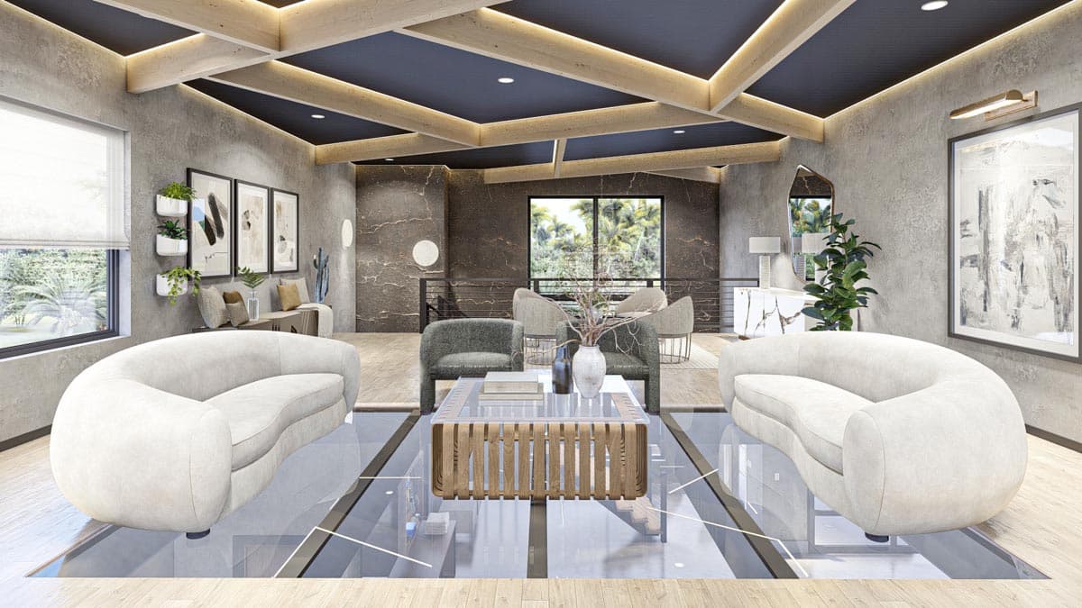 Plan 623213DJ: 7-Car Modern Garage with Shop and Lounge with Plexiglass Viewing Floor  - Image #11 - Contemporary, Mid Century Modern, Modern