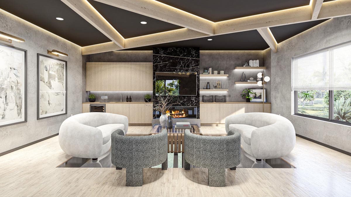 Plan 623213DJ: 7-Car Modern Garage with Shop and Lounge with Plexiglass Viewing Floor  - Image #13 - Contemporary, Mid Century Modern, Modern