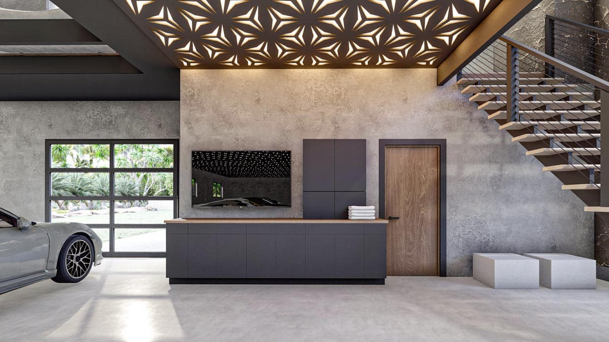 Plan 623213DJ: 7-Car Modern Garage with Shop and Lounge with Plexiglass Viewing Floor  - Image #16 - Contemporary, Mid Century Modern, Modern