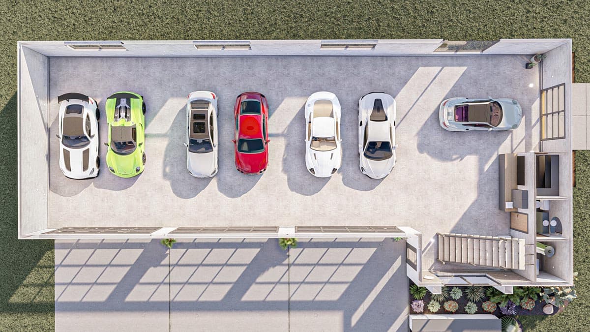 Plan 623213DJ: 7-Car Modern Garage with Shop and Lounge with Plexiglass Viewing Floor  - Image #18 - Contemporary, Mid Century Modern, Modern