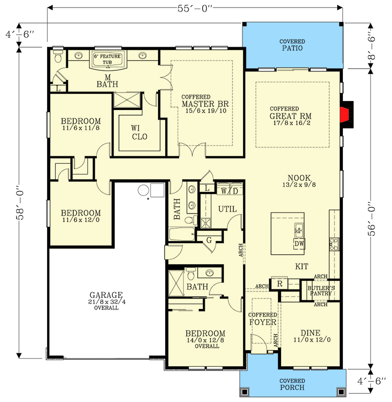 Plan 28065J: 4-Bed Country Ranch Plan with Storage Space in Garage - Floor Plan - Main Level - Country, Ranch, Traditional