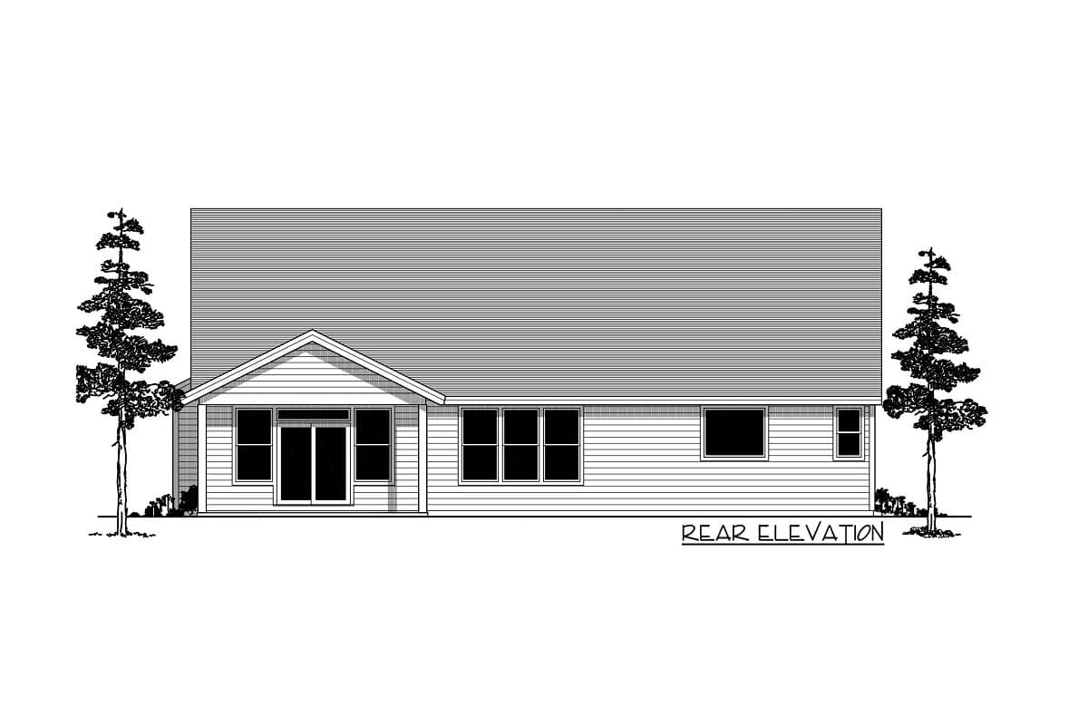 Rear elevation of a single-story house plan with a gable over a central door and multiple windows.
