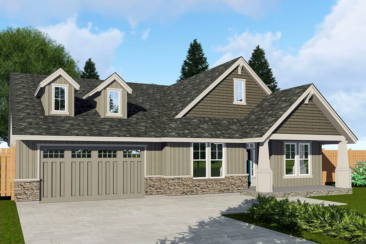 House plan exterior. Craftsman style with a gabled roof, two dormers, and a covered porch. Features include a garage with stone accents.