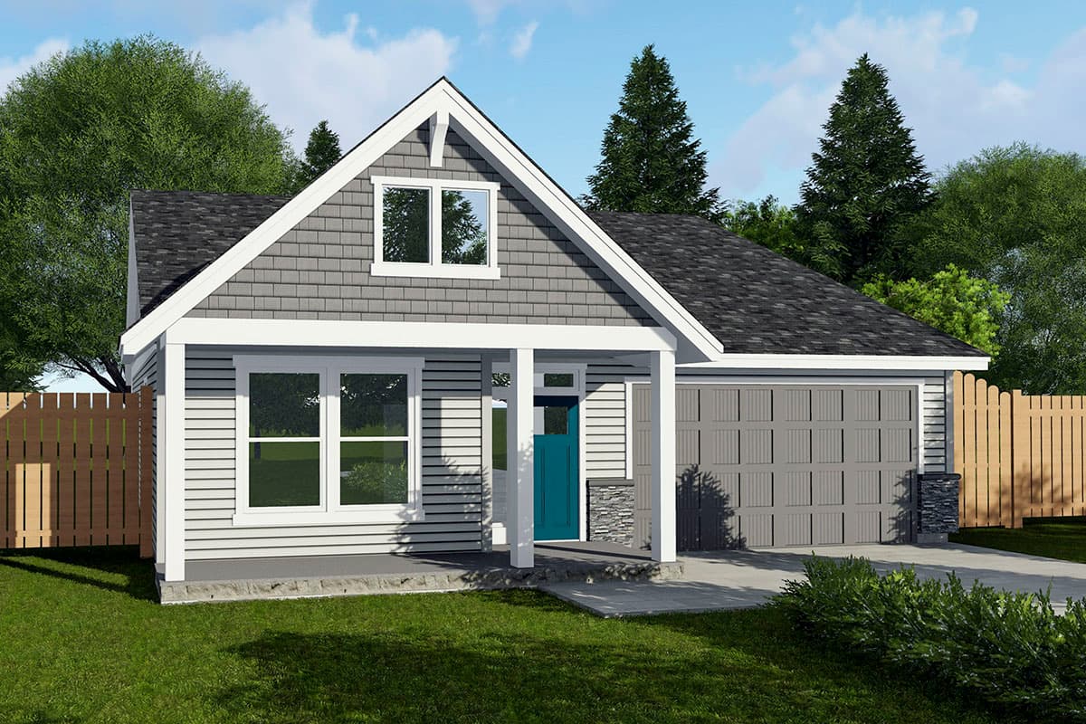 House plan exterior: One-story Craftsman home with a gabled roof, a front porch with columns, and an attached garage.