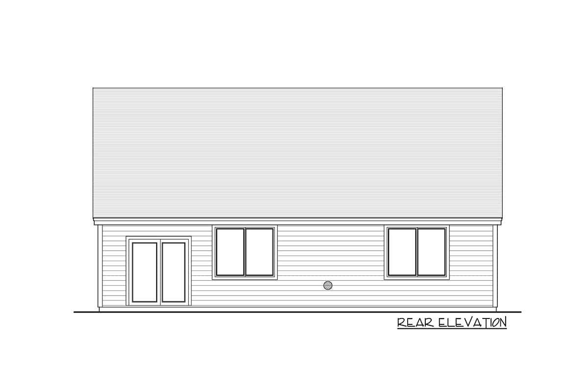 Rear elevation of a house plan showing a double door, two windows, and horizontal siding.