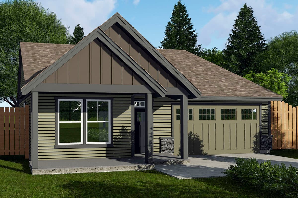 House plan exterior with Craftsman style, single story, and a gable roof. Features include a front porch, vertical siding, and an attached garage.