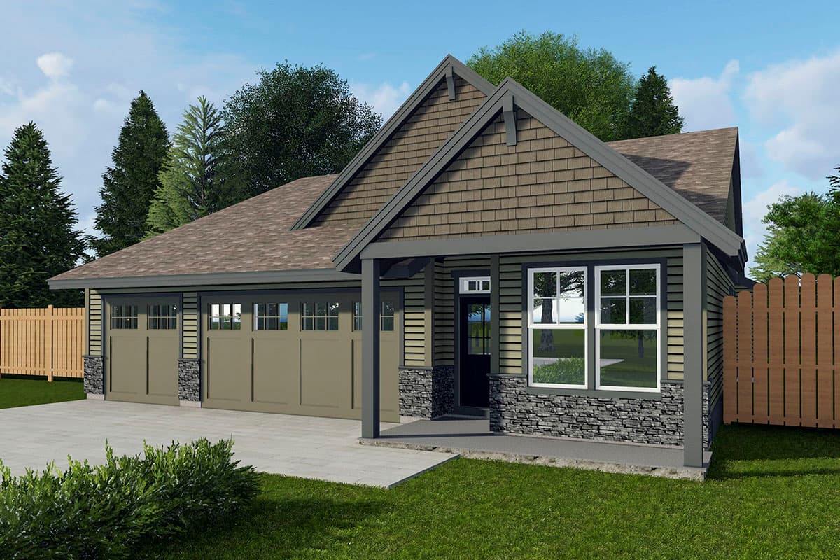 House plan exterior with Craftsman style. Features a gabled roof, stone accents, and a covered porch. Attached garage with two bays.