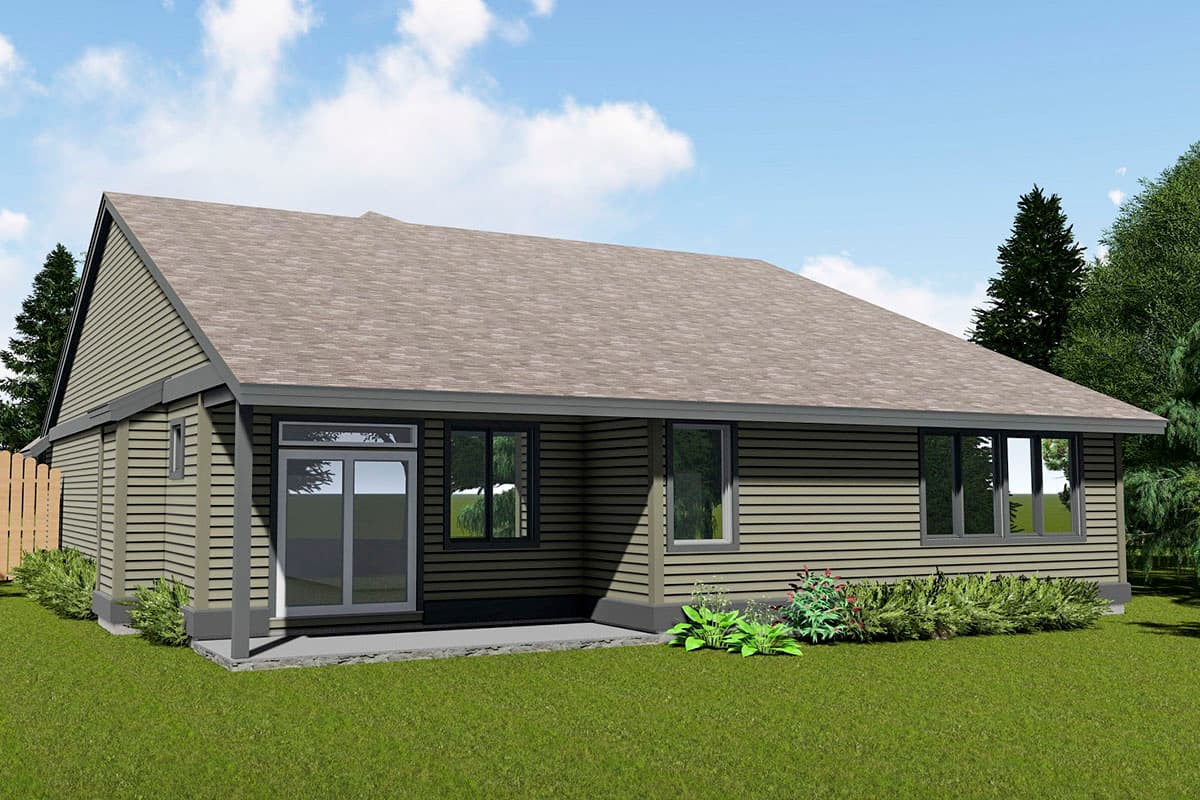 House plan exterior: One-story modern home with horizontal siding, gable end, covered porch, and multiple windows.