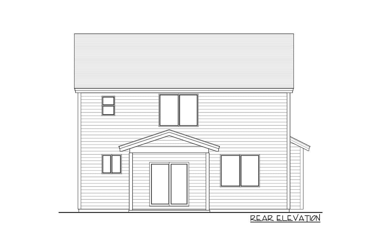 Rear elevation house plan shows a two-story structure with horizontal siding, a gable over a covered entry with sliding doors, and multiple windows.