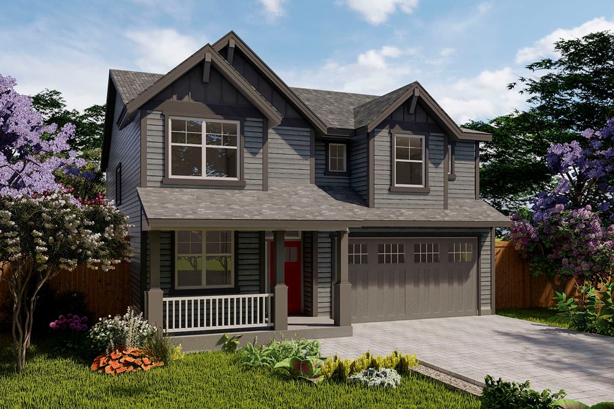 House plan exterior. Two-story Craftsman home with a front porch, gabled roof, and attached garage. Includes dormers above the front windows.