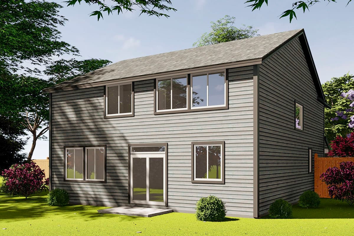 Two-story house plan exterior with horizontal siding, a gable roof, double doors, and multiple windows.