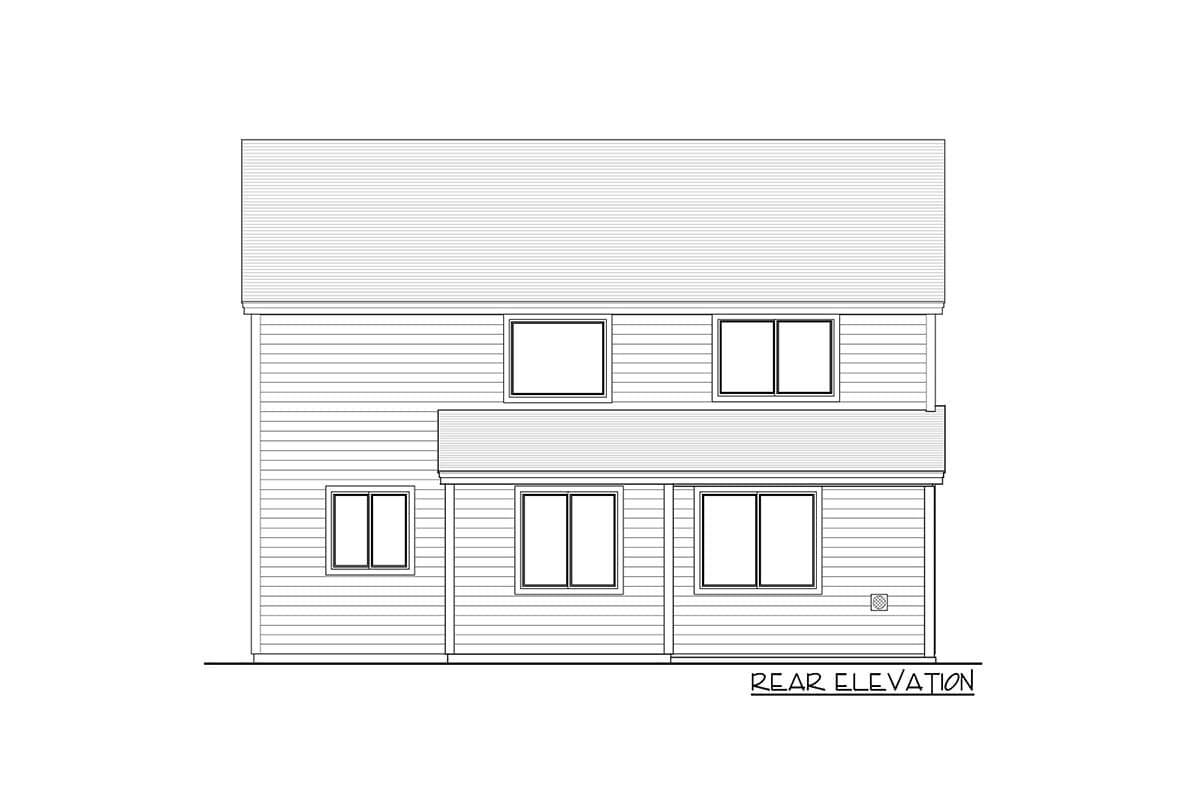 Rear elevation drawing of a two-story house plan featuring horizontal siding, multiple windows, and a protruding upper-level overhang.