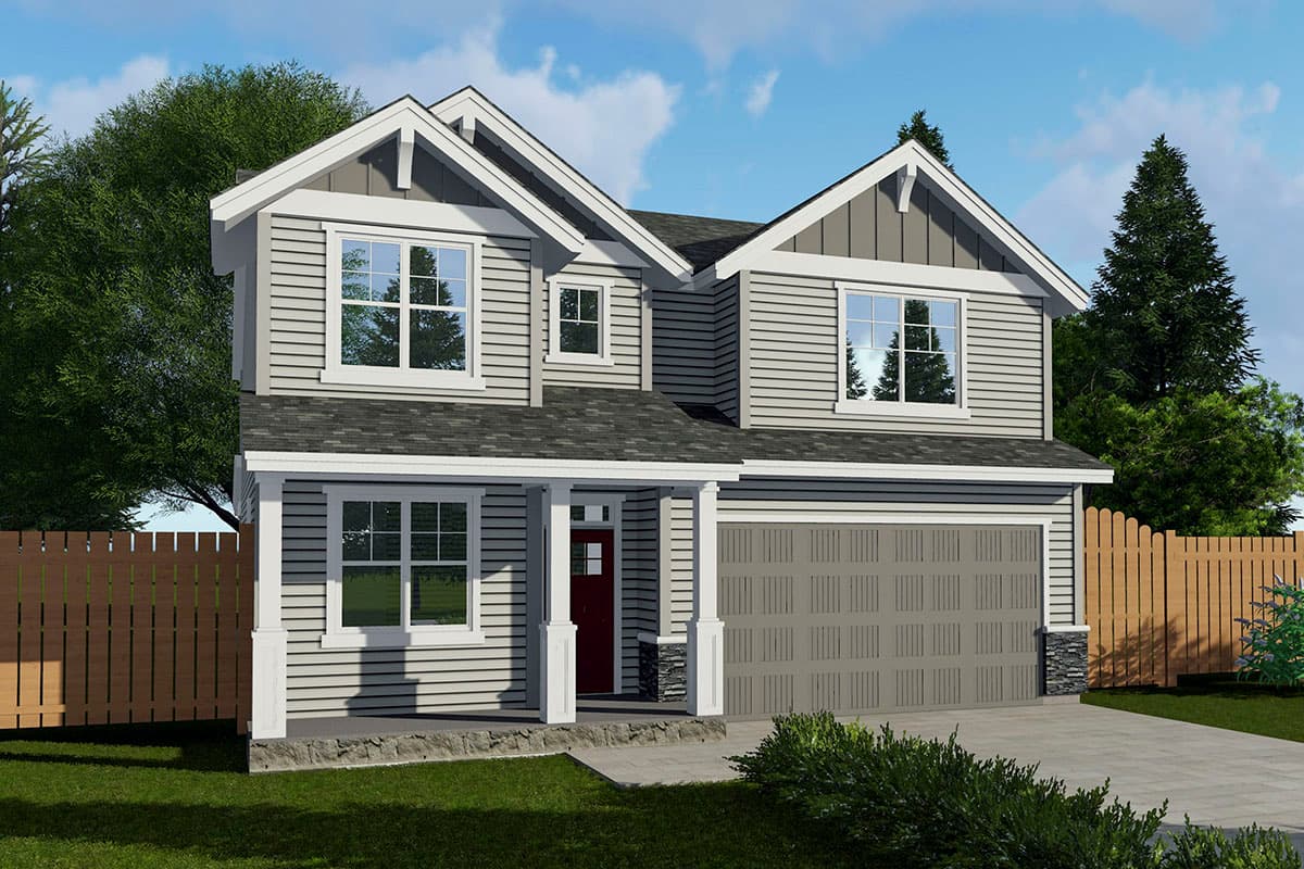 House plan exterior. Two-story home with Craftsman style. Features include gables, porch, and a two-car garage. Vertical siding and a dark roofline.