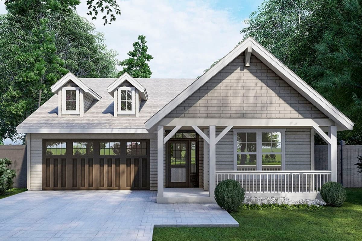 House plan exterior. Craftsman style, one story, features a porch with gables and dormers, and a two-car garage.