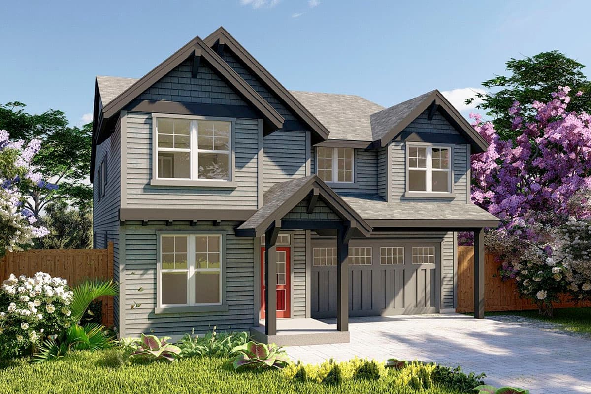 House plan exterior. Two-story Craftsman home with gabled roof, covered porch, and attached garage. Featuring multiple dormers and horizontal siding.