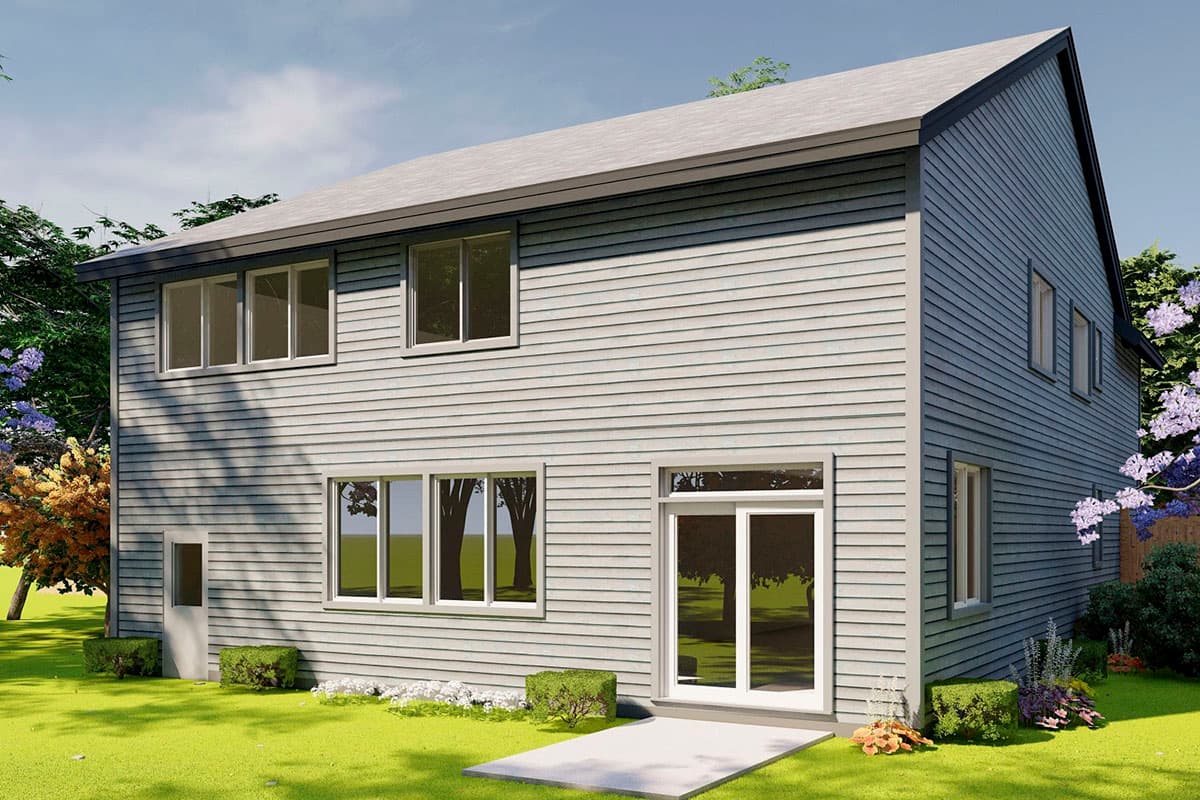 House plan exterior of a two-story home with horizontal siding, multiple windows, and a glass door opening to a patio.
