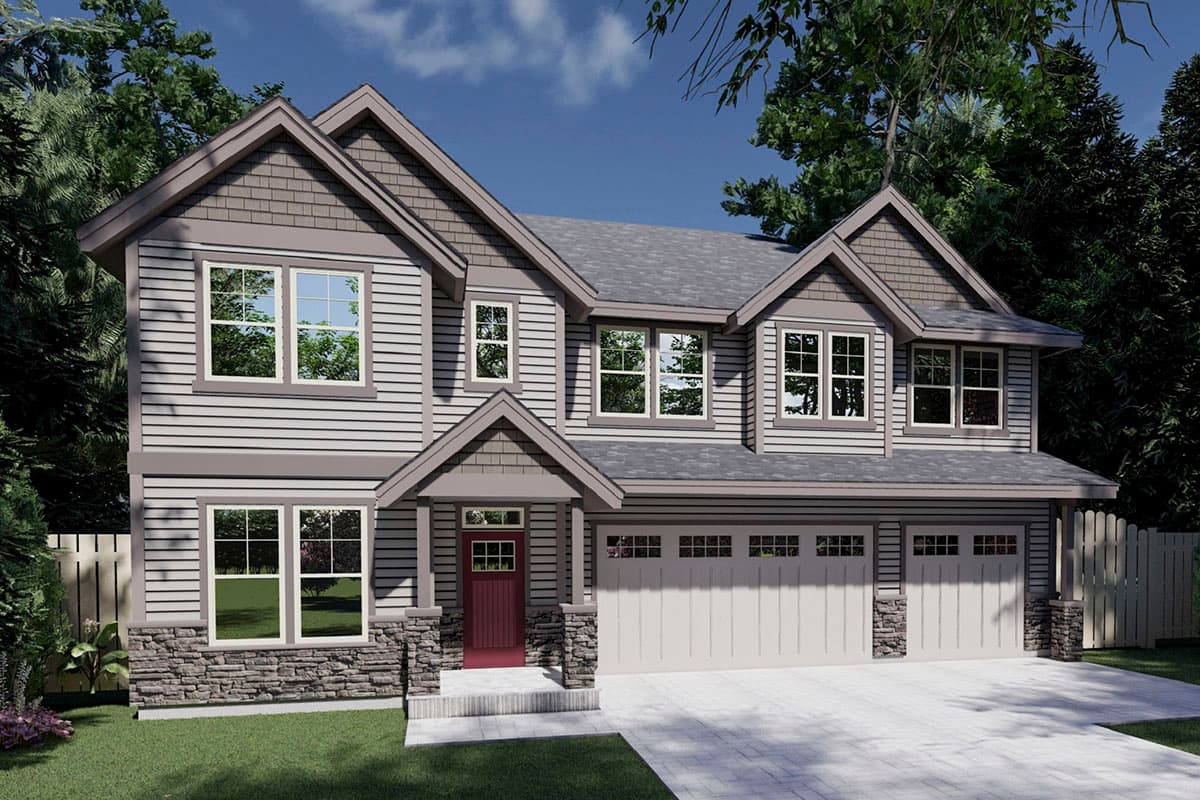 House plan exterior. Two-story Craftsman home with gabled roof, stone accents on the porch, and a two-car garage with multiple windows.