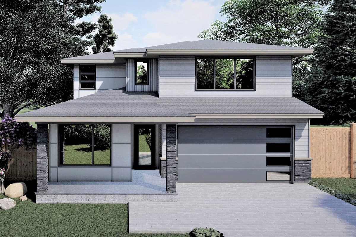 House plan exterior featuring a two-story modern style with a flat roof, stone accents, and a front-facing garage with glass panels.