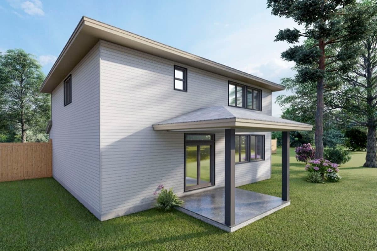 Modern two-story house plan exterior with a covered patio, horizontal siding, and a flat roofline.