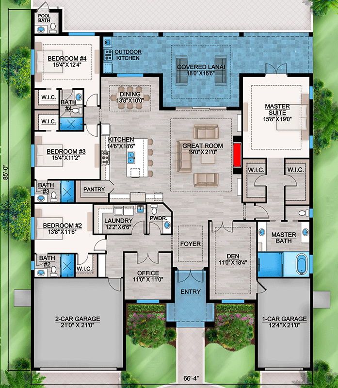 Plan 86112BW: One-Story Mediterranean Home Plan with Split-Bed Layout - 3387 Sq Ft - Floor Plan - Main Level - Coastal, Coastal Contemporary, Contemporary, European, Florida-Style, Transitional
