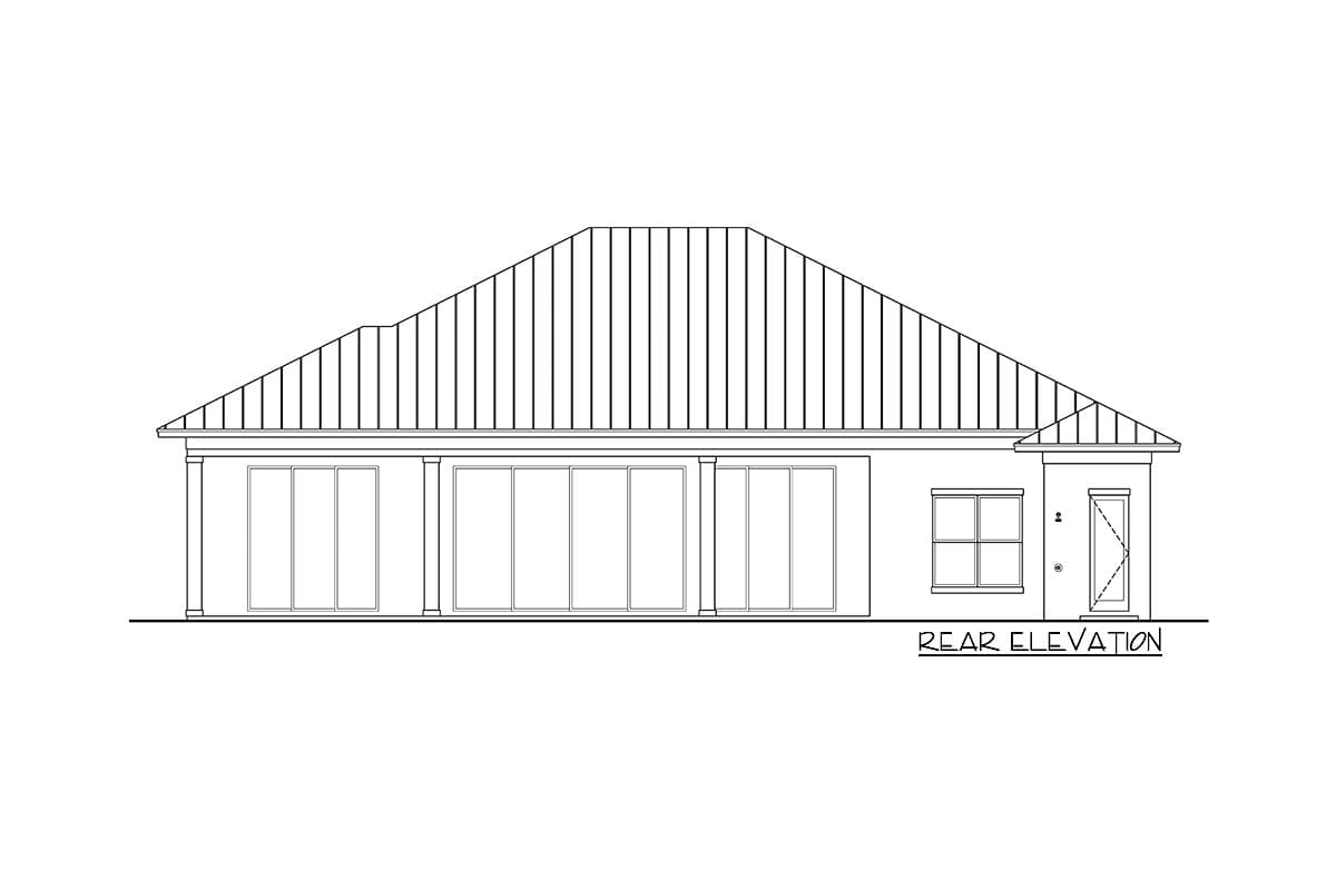 Rear elevation drawing of a house plan with a hipped roof, covered patio, and multiple sliding glass doors.