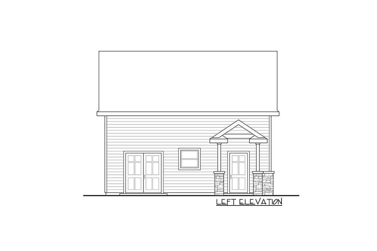 House plan left elevation showing a covered porch with stone-clad columns, a single door, a window, and double doors.