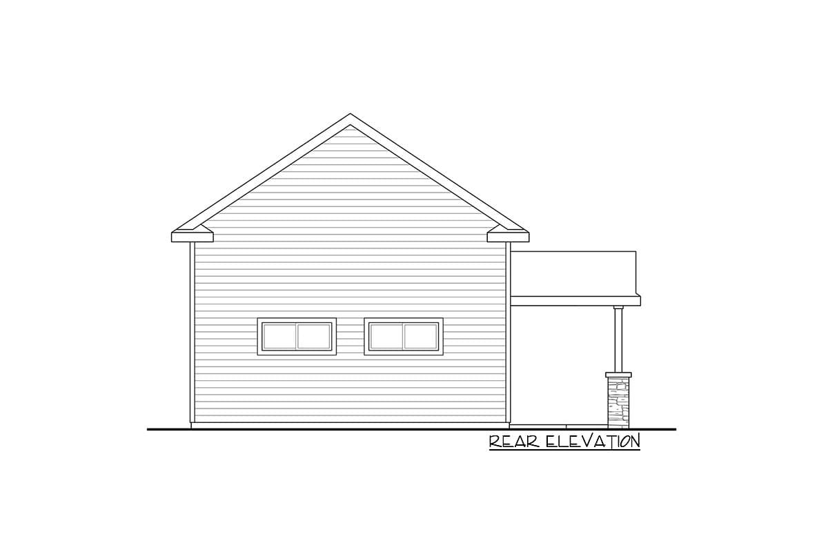 Rear elevation drawing of a house plan with a gable roof, two windows, and a covered porch with a stone column.