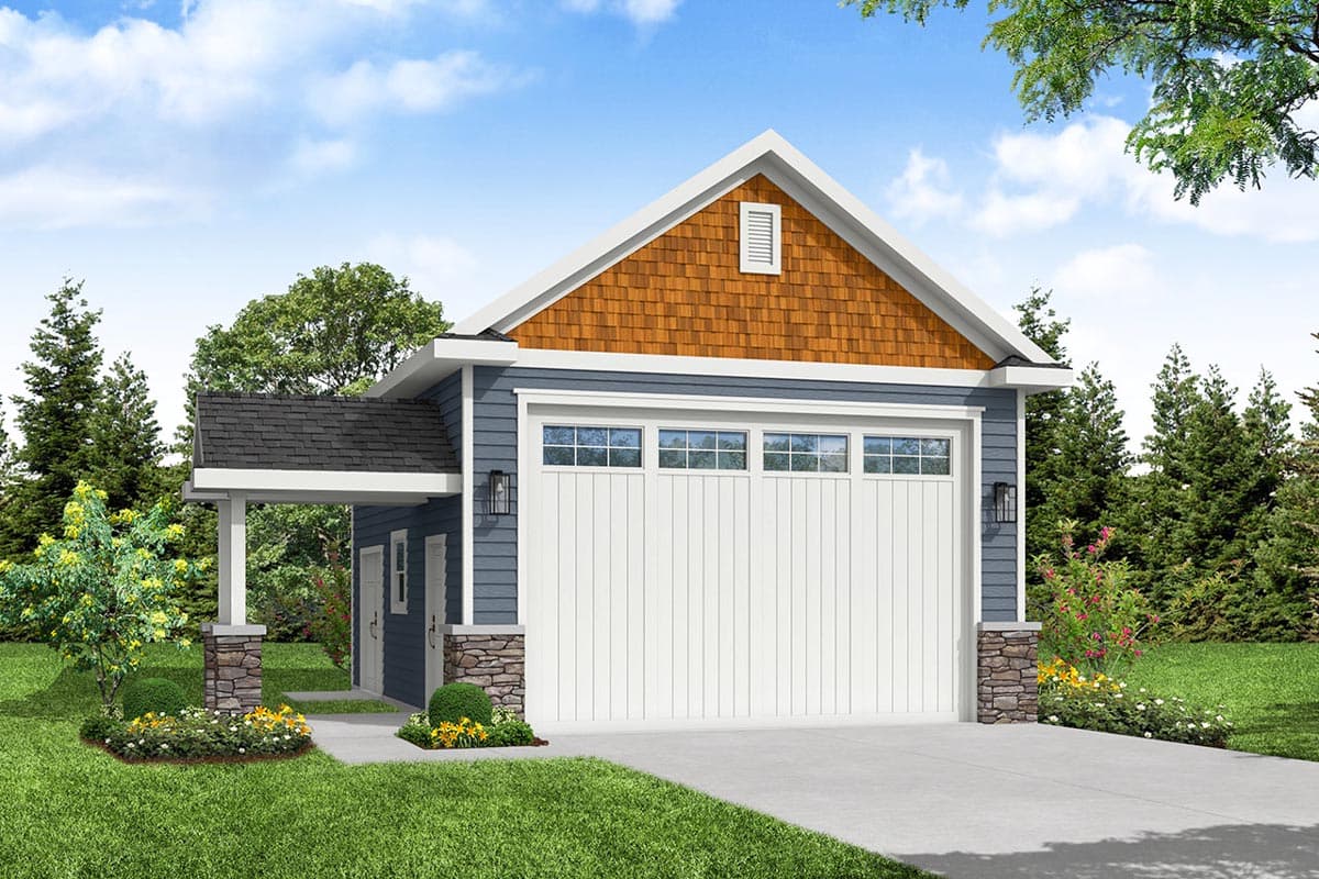 House plan exterior. Two-car garage with gabled roof, shake siding, and stone facade on the columns. Includes a covered walkway.